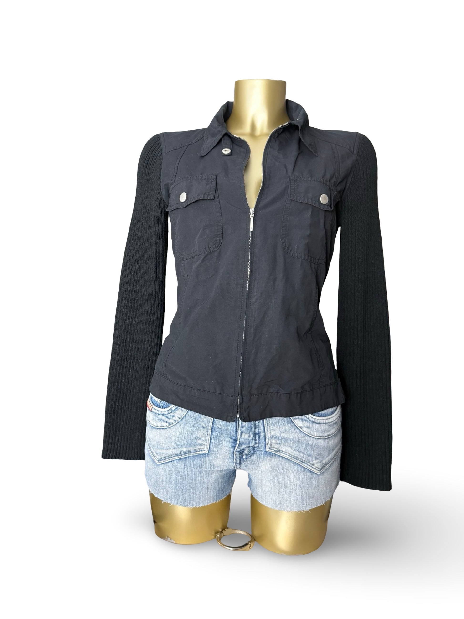 Black tight fit bi fabric biker jacket (L)