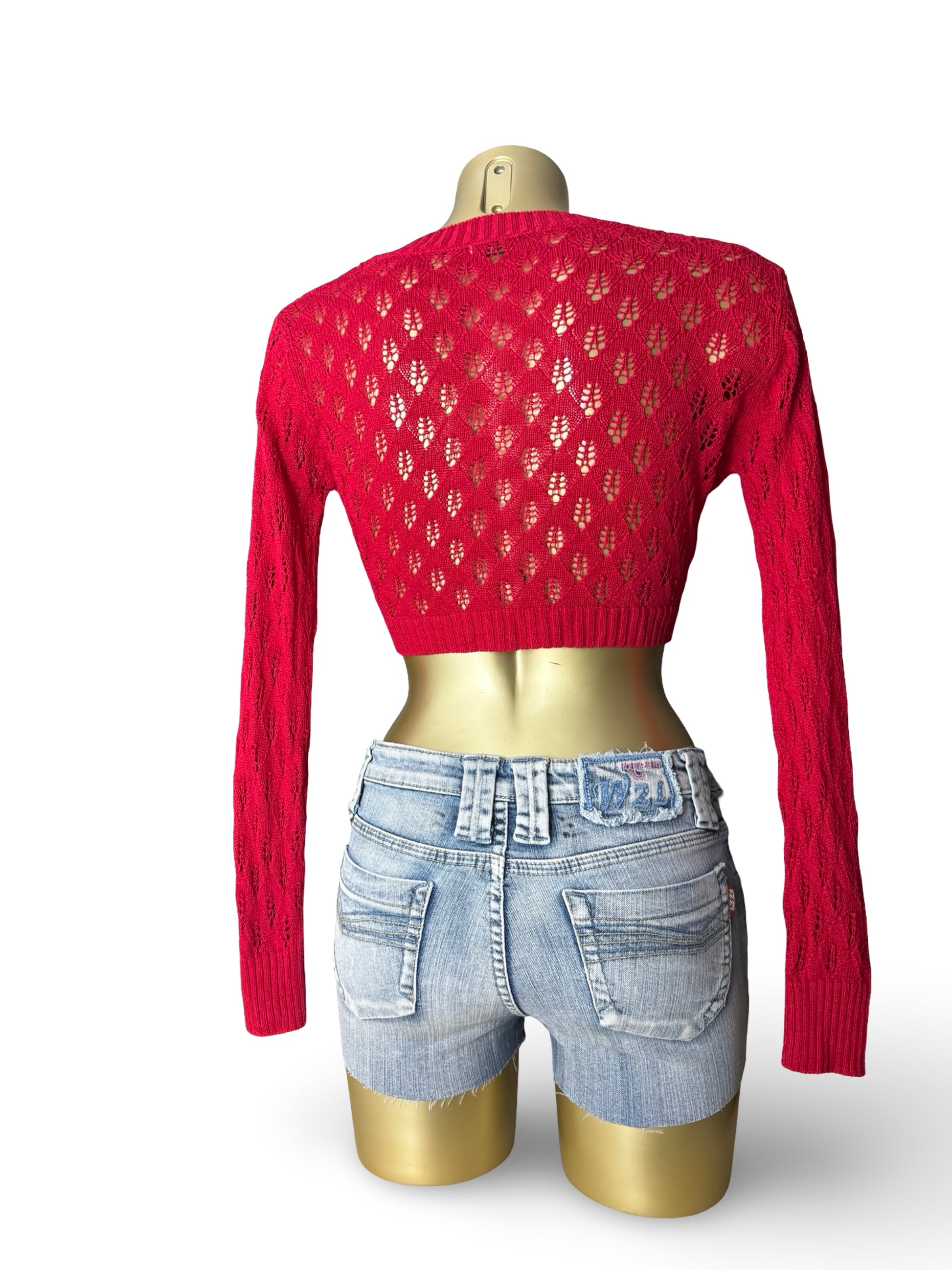 Red crochet linen & cotton bolero top (S/M)
