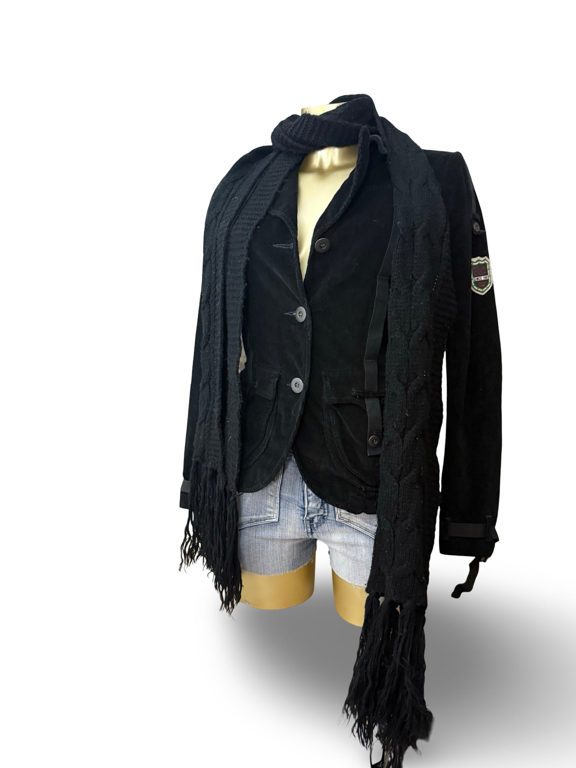 Black velvet ribbed biker jacket (S)