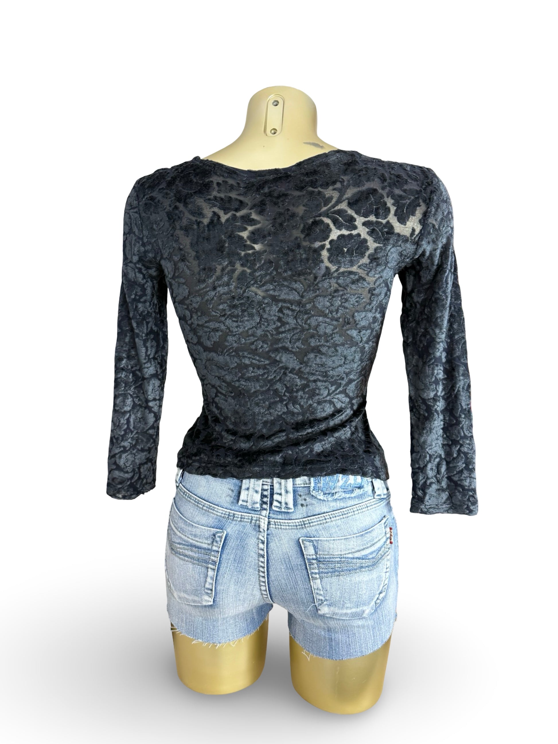 Black floral velvet long sleeves top (S)