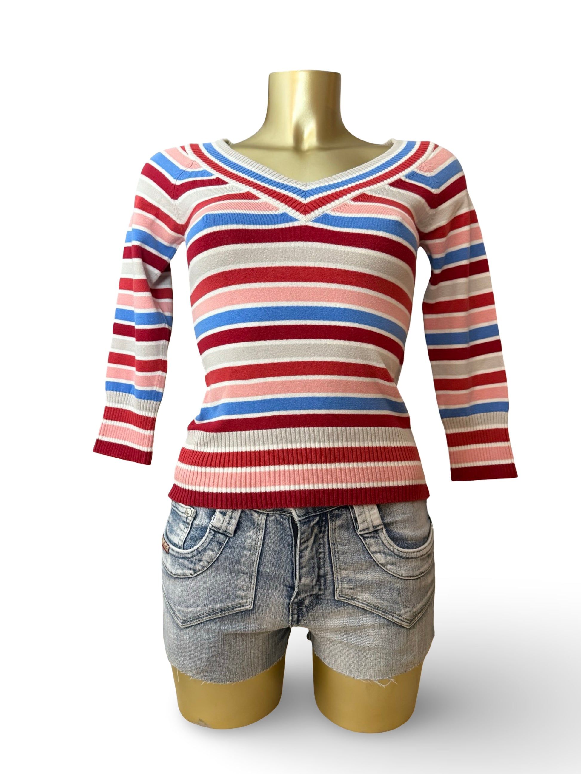 Multicolor striped tight fit V neck jumper (XS/S)