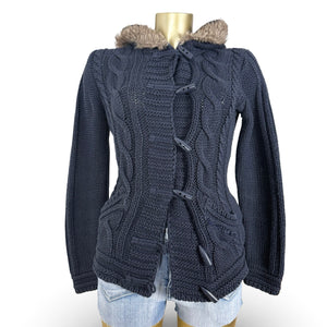 Navy cotton faux fur hooded cardigan  jumper (M/L)