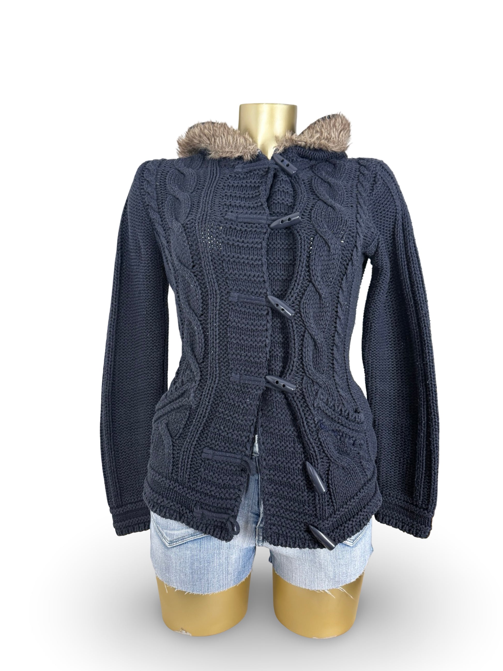 Navy cotton faux fur hooded cardigan  jumper (M/L)