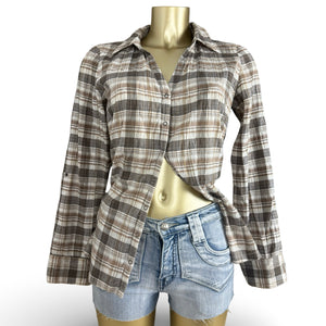 Beige check print cotton long sleeves shirt (M)