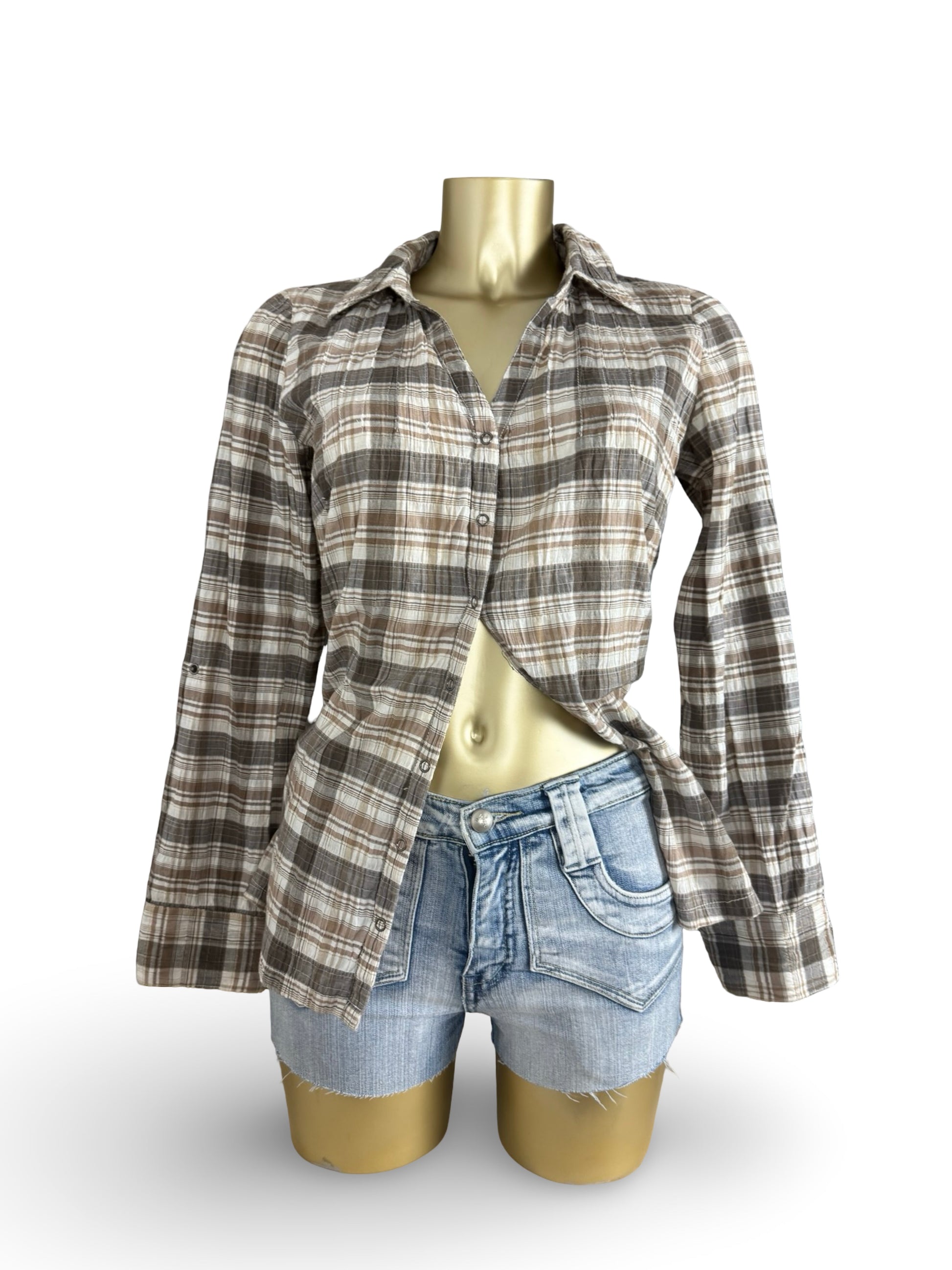 Beige check print cotton long sleeves shirt (M)