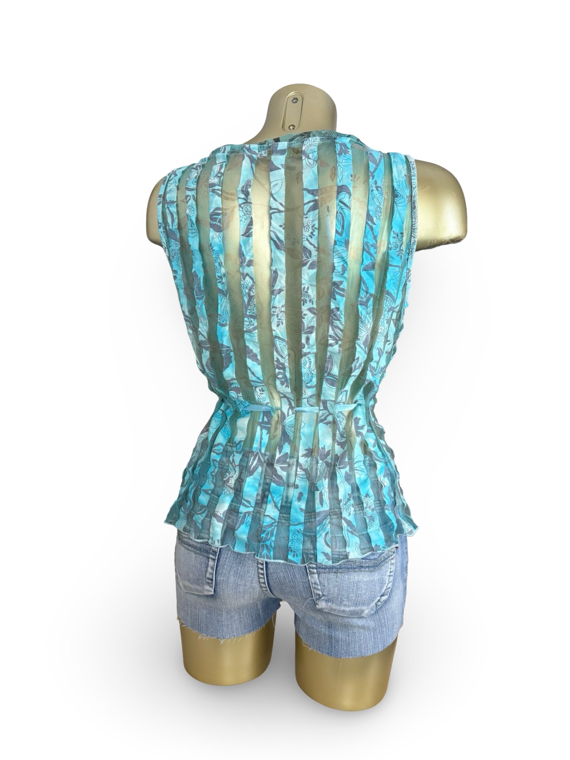 Blue striped floral tie up mesh top (XL)