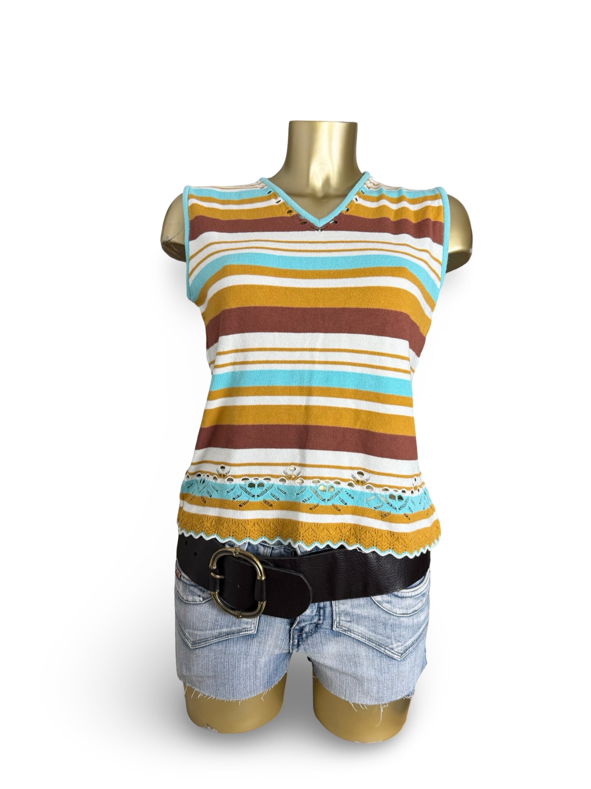 Striped beige tight fit crochet top (XL)