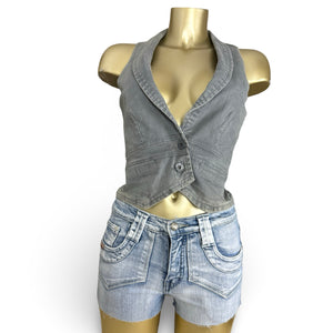Blue denim button up waistcoat sleeveless blazer (M)