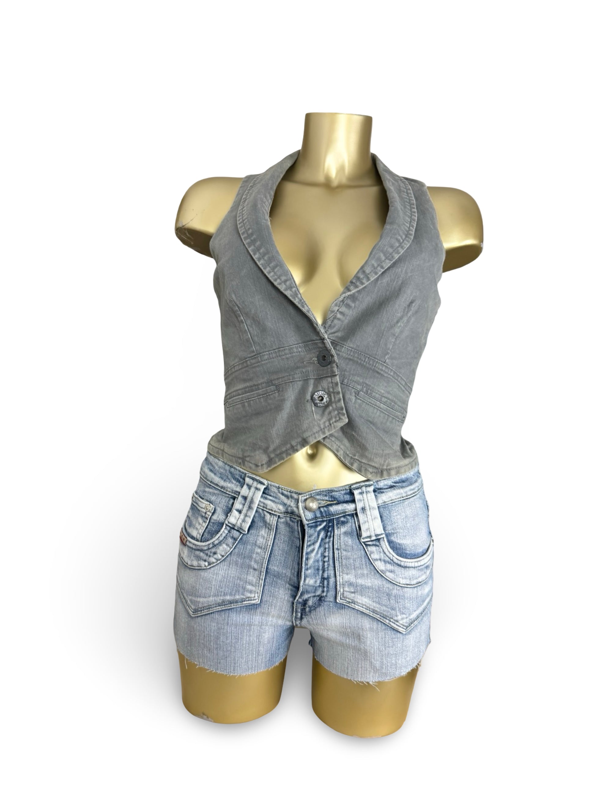 Blue denim button up waistcoat sleeveless blazer (M)