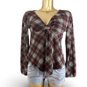 Cotton check print V neck long sleeves top (L)