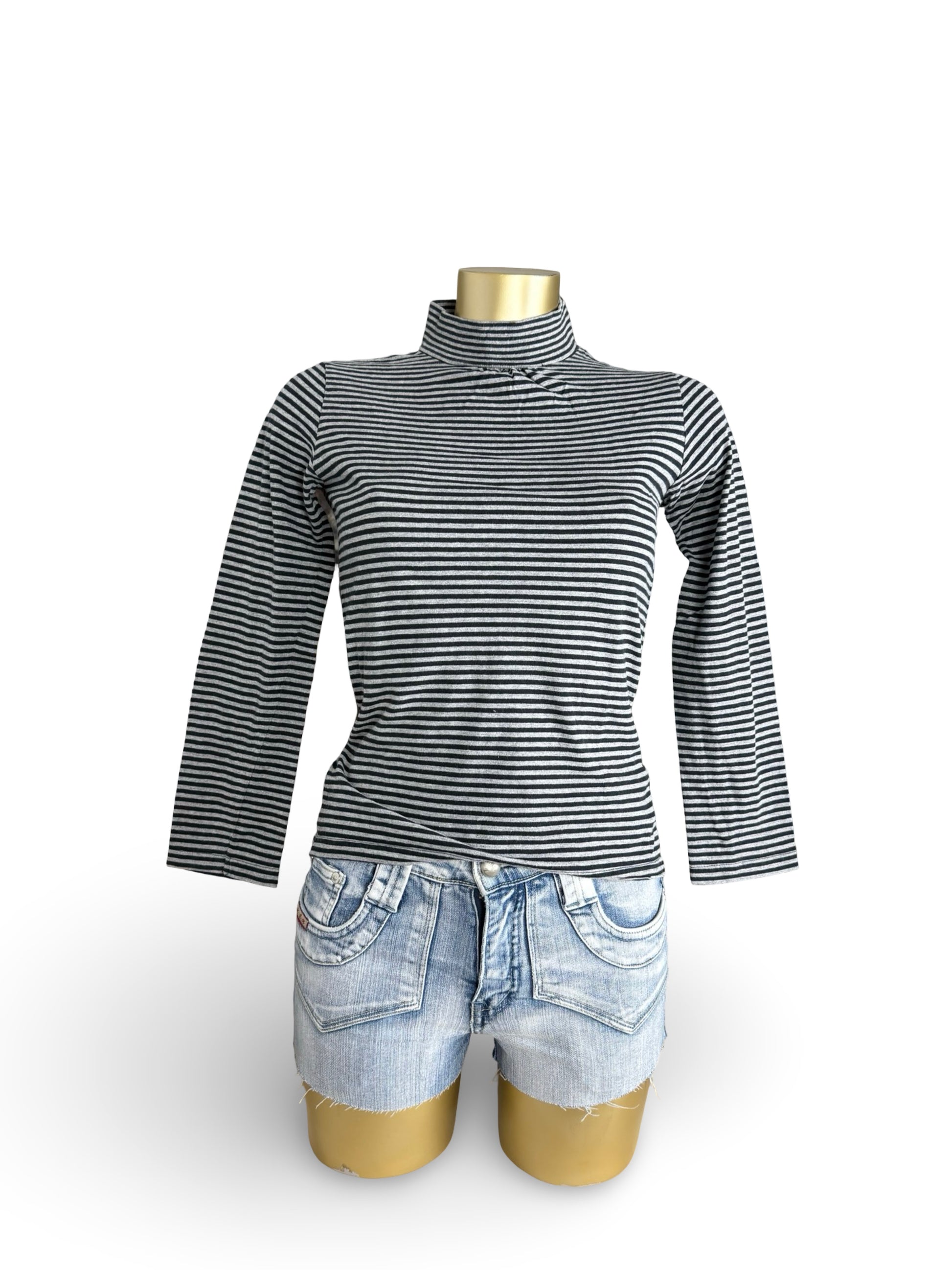Grey striped cotton turtleneck long sleeves top (S)