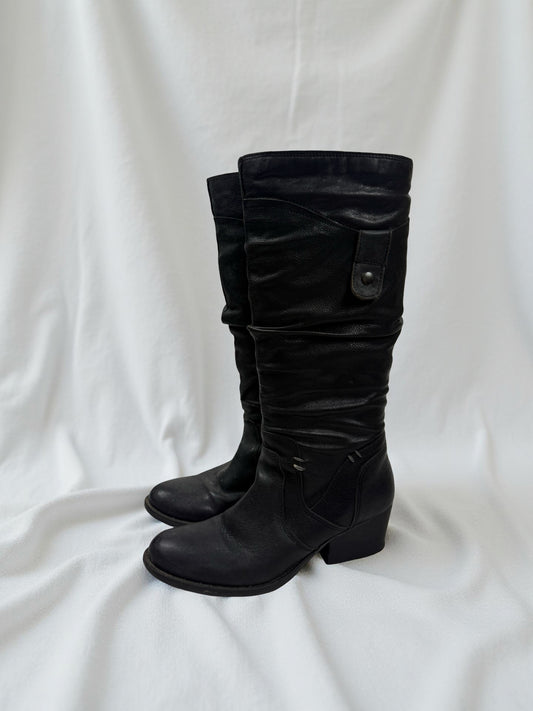 Black real leather buckle belt knee high boots (37)