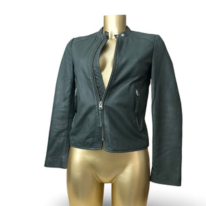 Dark green real leather zip up tight fit jacket (S)