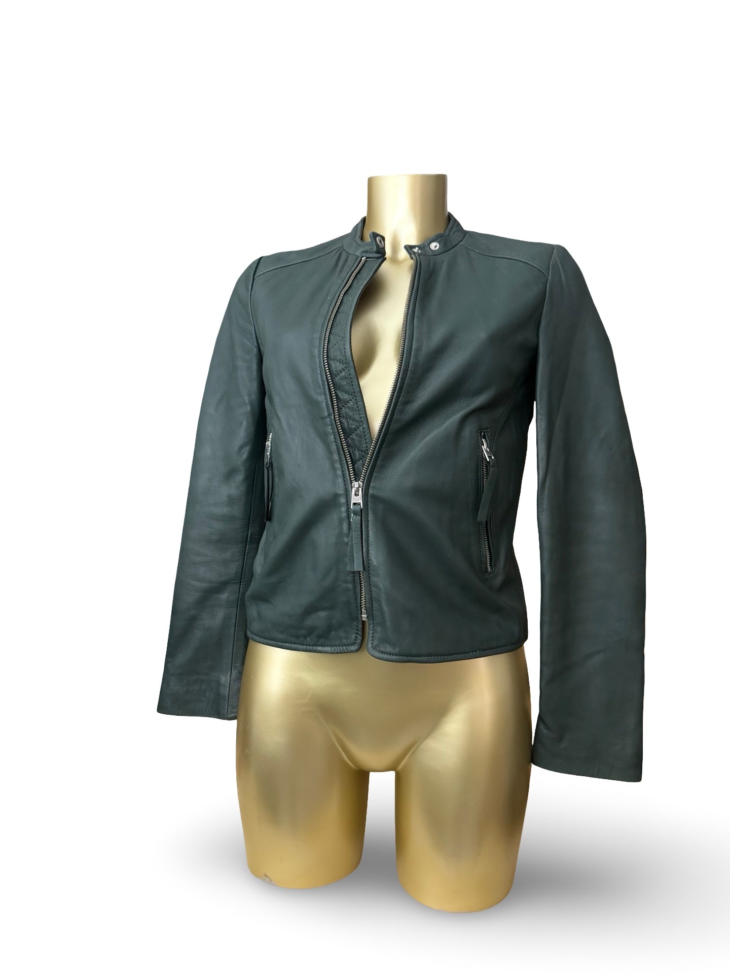 Dark green real leather zip up tight fit jacket (S)