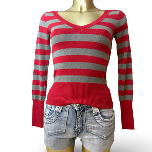 Red & grey striped V neck tight fit jumper (S)