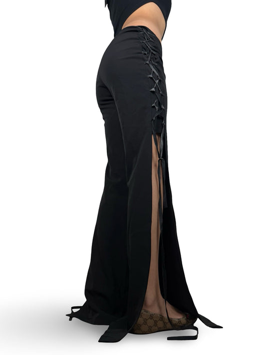 Black low waist office tie up flare pants (S/M)