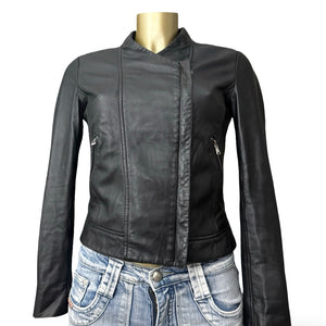 Black real leather tight fit biker jacket (XS)
