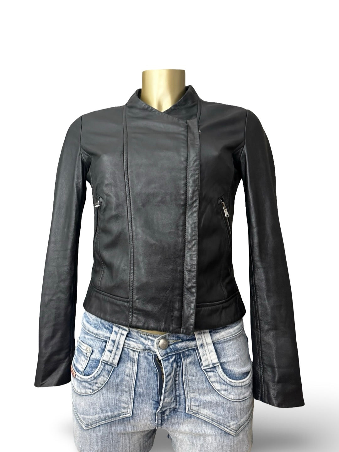 Black real leather tight fit biker jacket (XS)
