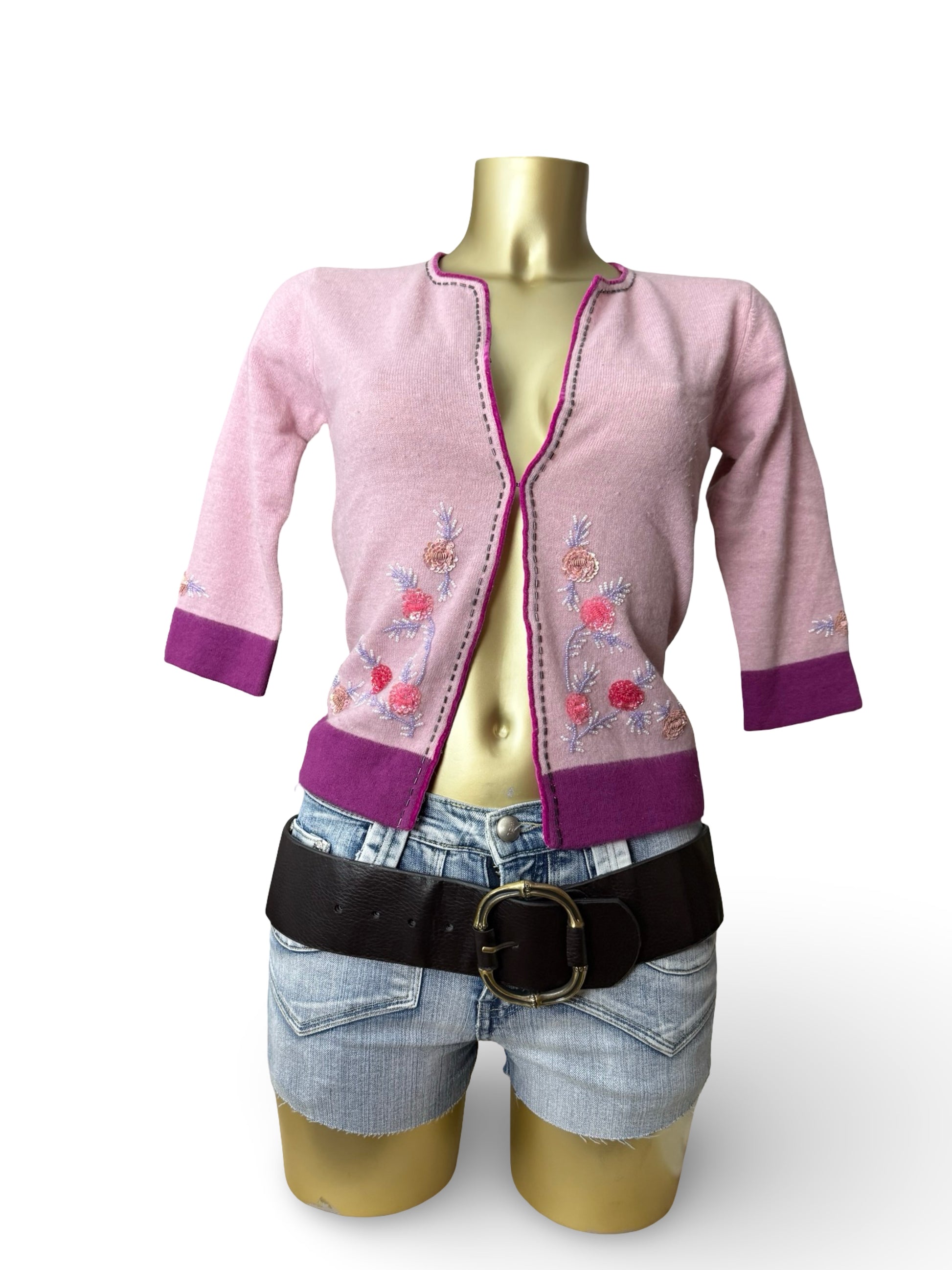 Pink lambswool cardigan embroidered jumper (M)