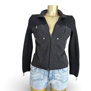 Black zip up bi fabric wool knitted biker jacket (S)
