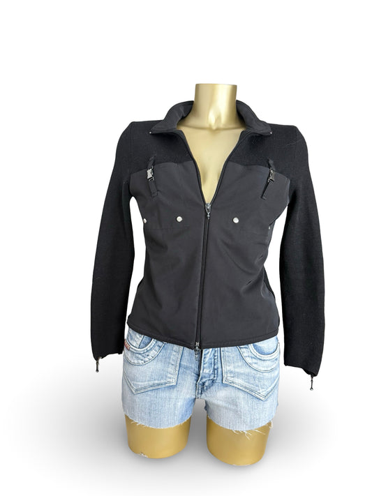 Black zip up bi fabric wool knitted biker jacket (S)
