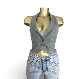 Blue denim button up waistcoat sleeveless blazer (M)