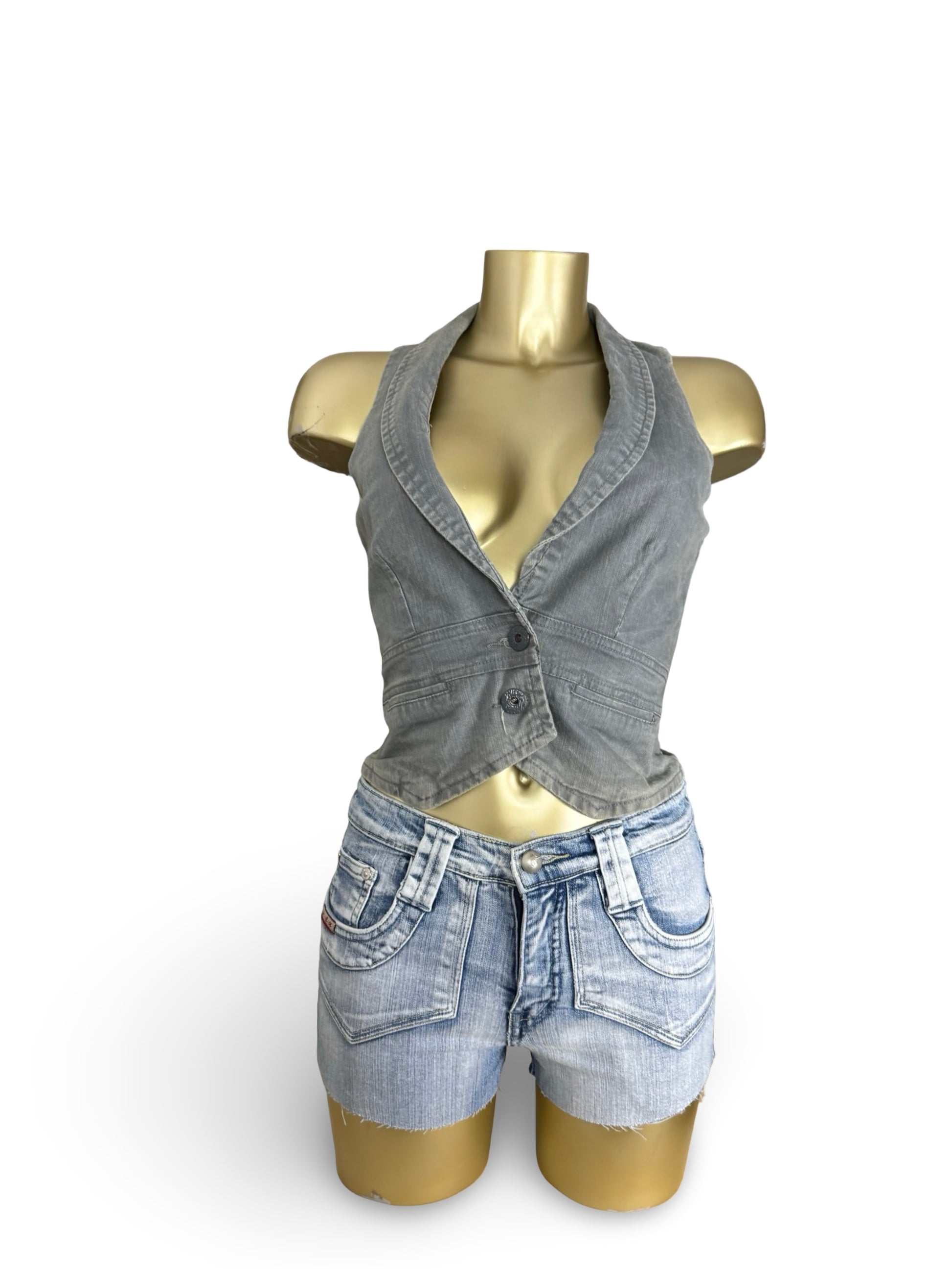 Blue denim button up waistcoat sleeveless blazer (M)