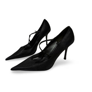 Black real leather pointed toes heels (39)