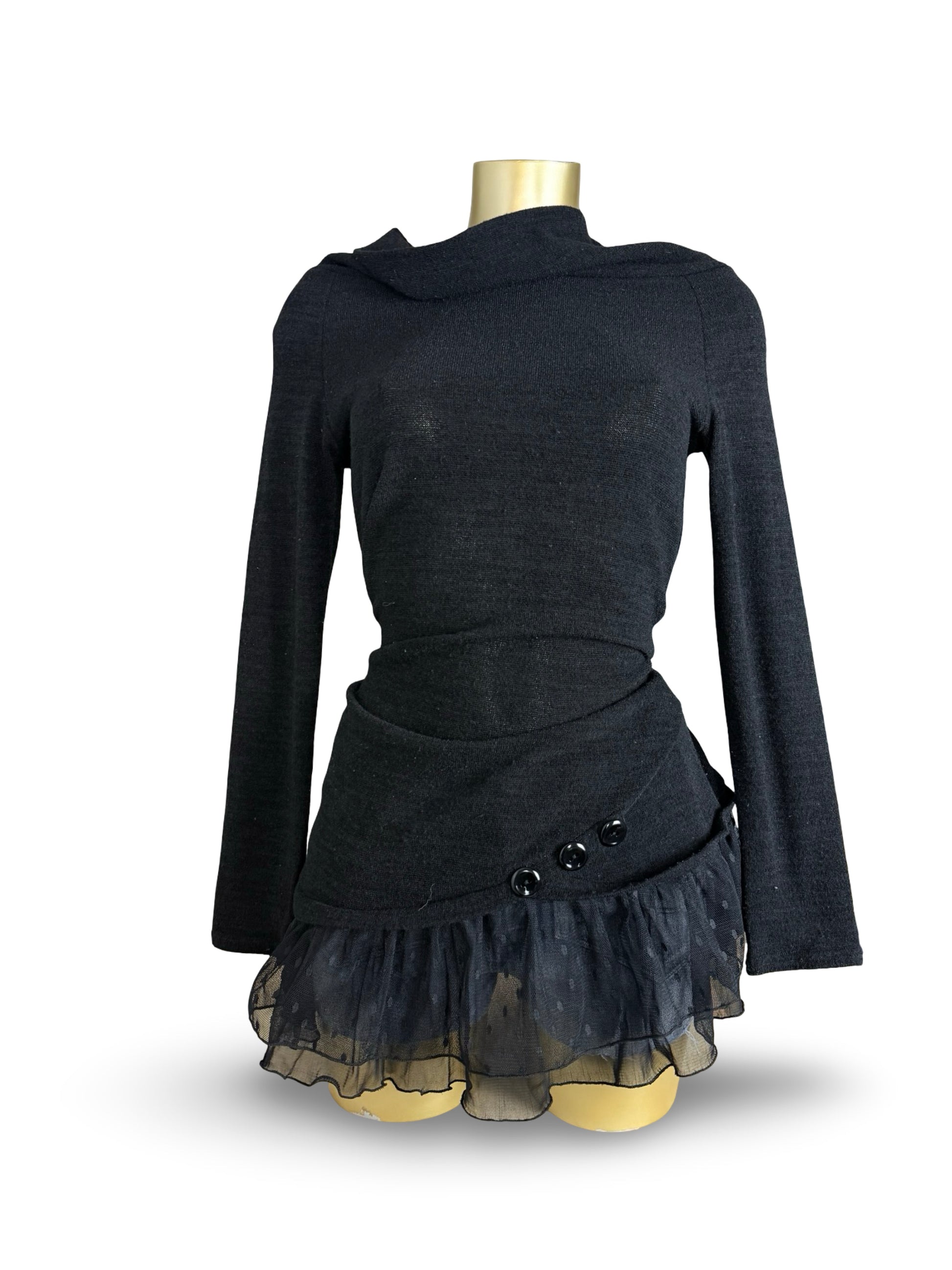 Black turtleneck / off shoulder knitted mini dress (S)