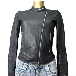 Black real leather tight fit biker jacket (XS)