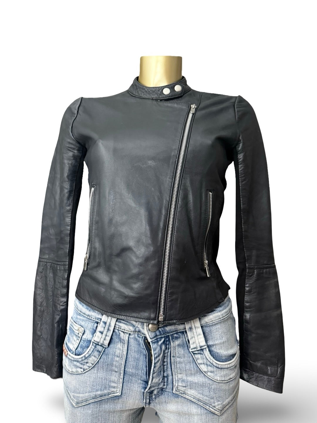 Black real leather tight fit biker jacket (XS)