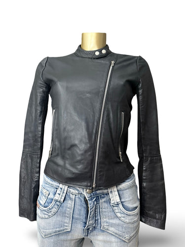Black real leather tight fit biker jacket (XS)