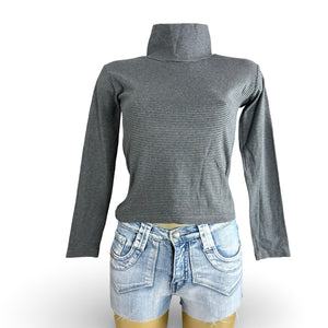 Grey striped cotton turtleneck long sleeves top (S)