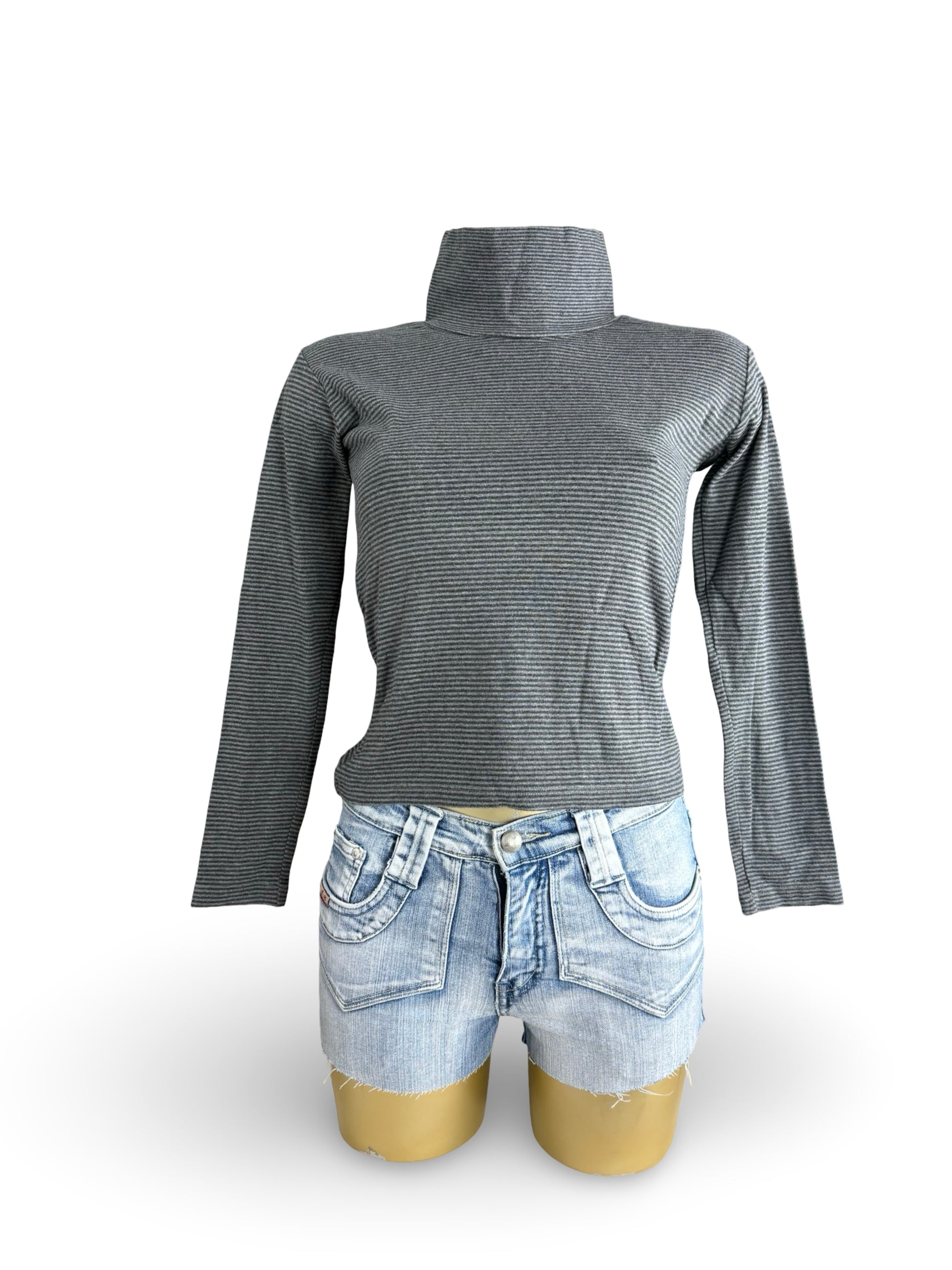 Grey striped cotton turtleneck long sleeves top (S)