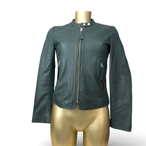 Dark green real leather zip up tight fit jacket (S)