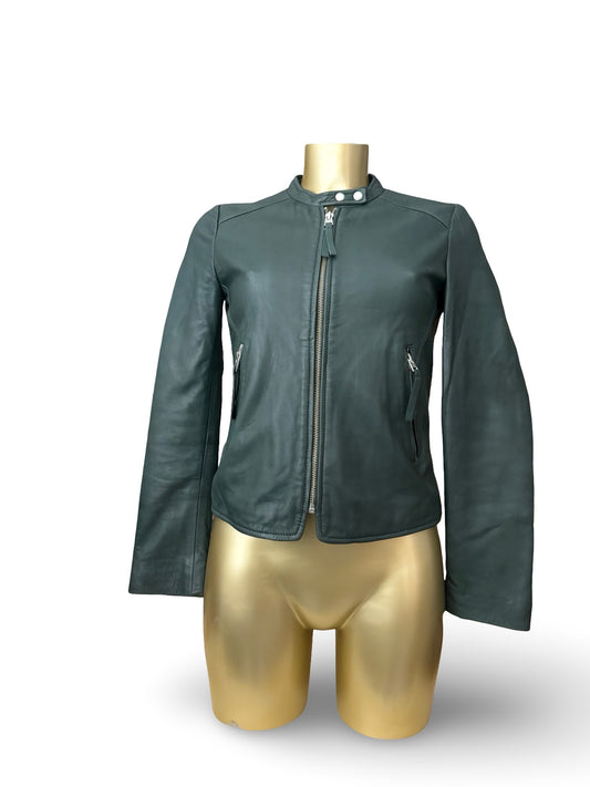 Dark green real leather zip up tight fit jacket (S)