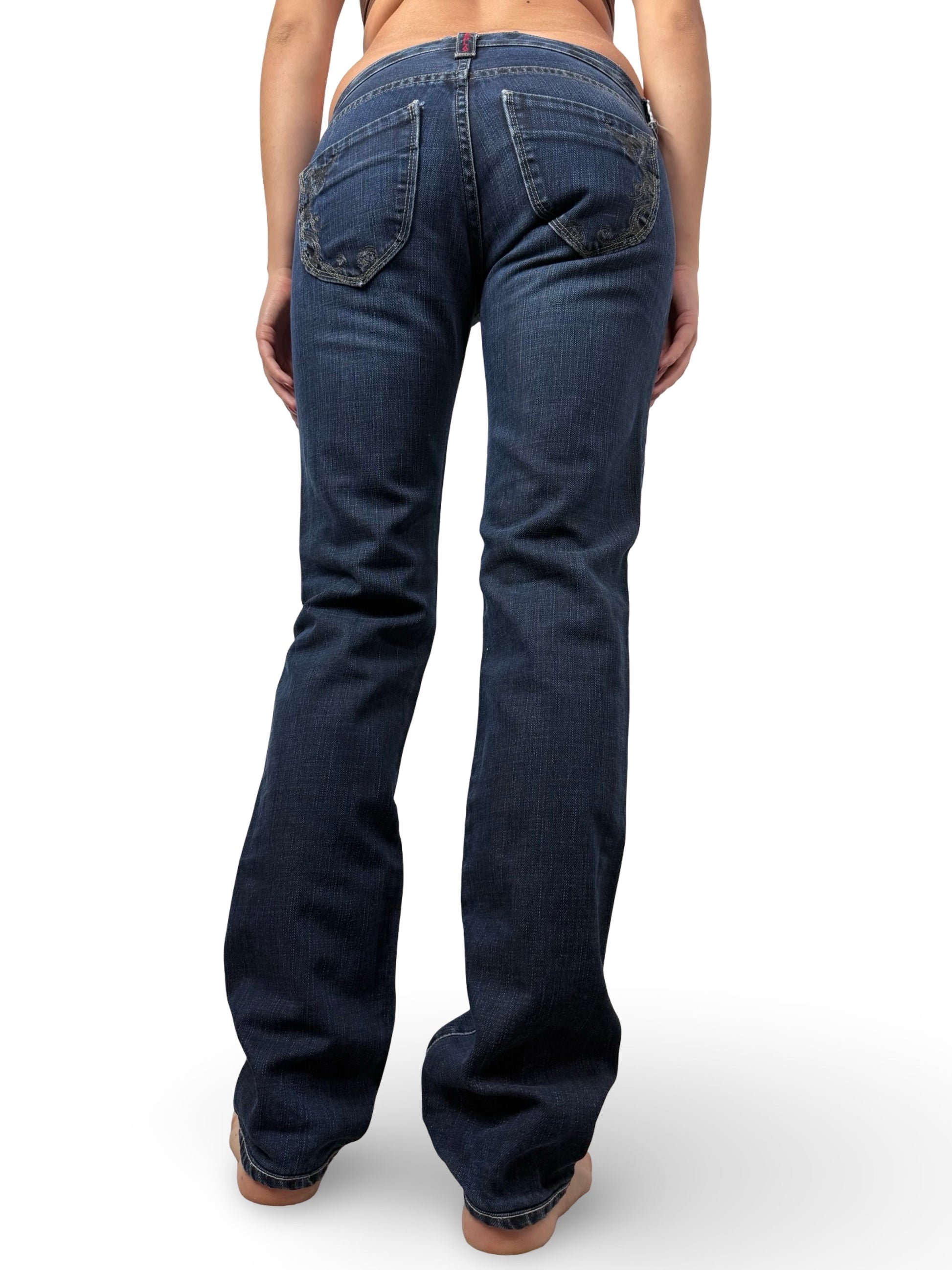 Navy blue low rise straight legs denim pants (S)