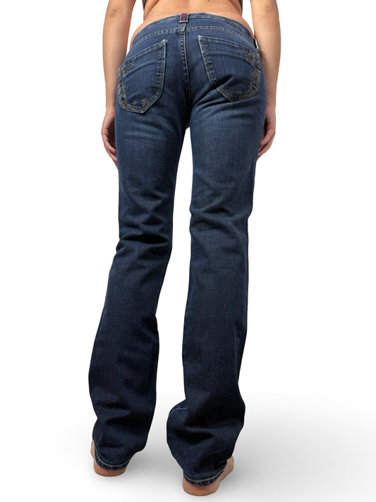 Navy blue low rise straight legs denim pants (S)