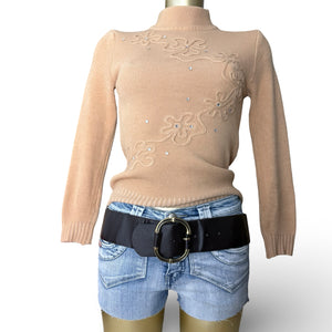 Beige high neck embroidered wool jumper (XS)