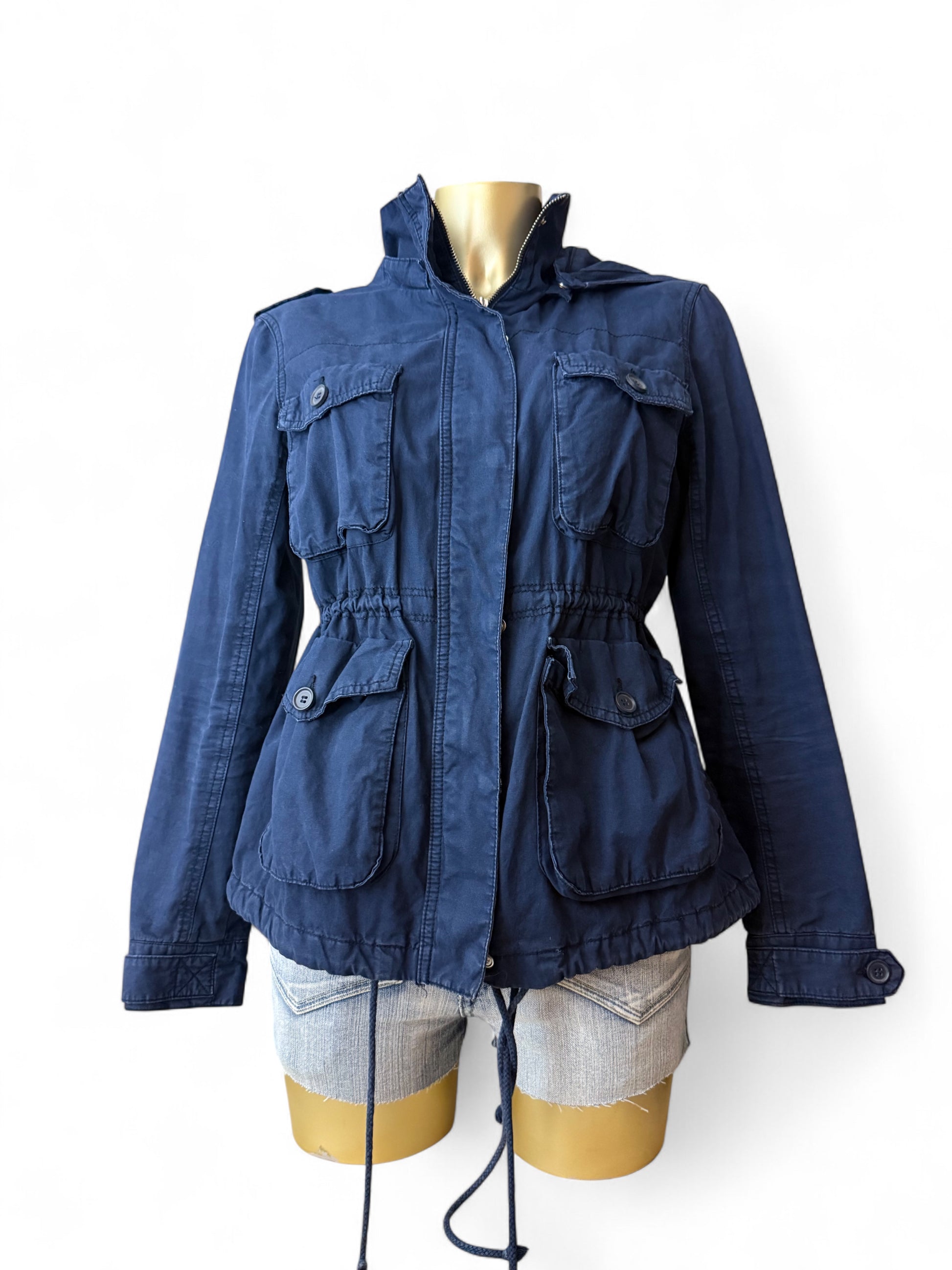 Blue cotton hooded tight fit trench jacket (S/M)